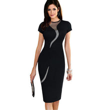 elegant women dress mesh round neck short sleeve back zipper solidcolor bodycon dress office dress vestidos black red J4U66