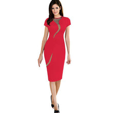 elegant women dress mesh round neck short sleeve back zipper solidcolor bodycon dress office dress vestidos black red J4U66