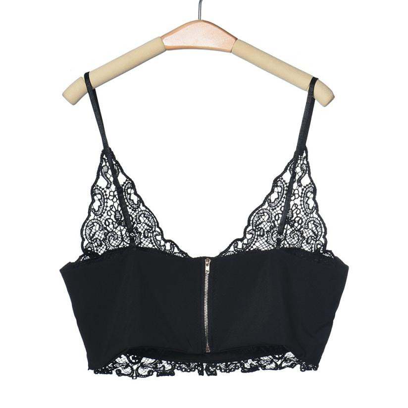 Sexy Women Lace Camisole Cropped Crochet Deep V Neck Bralet Spaghetti Strap Zip Back Tank Top Lace Crochet Bra Tank Top J4U66