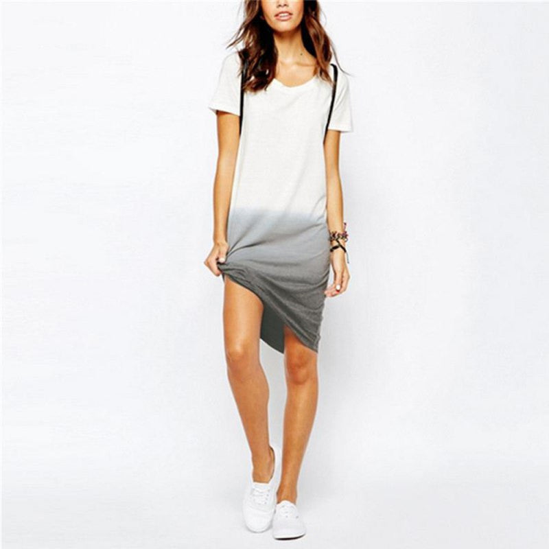 style casual print t-shirts vest dress plus size short sleeve o neck loose gradient color dovetail dresses J4U66