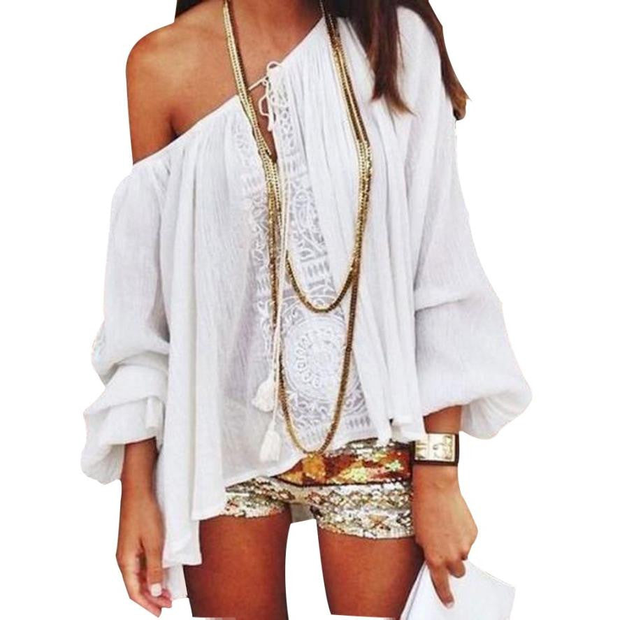 Women Casual Loose Tops Off Shoulder Shirts Round Neck Lace Crochet Chiffon Shirt Blouses Plus Size J4U66