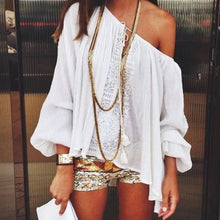 Women Casual Loose Tops Off Shoulder Shirts Round Neck Lace Crochet Chiffon Shirt Blouses Plus Size J4U66