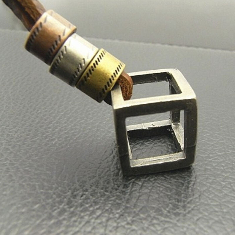 Style Men Jewelry Cube Necklaces & Pendants Cool Men Pendant Punk Genuine Leather Necklace J4U66
