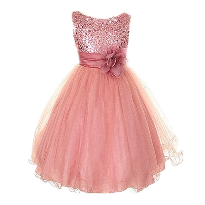 Style Sleeveless Kids Baby Girls Dresses Sequin Flower Back Bowknot Wedding Party Tutu Dress J4U66