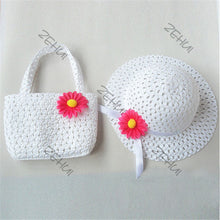 Style Sun Hat Girls Kids Straw Cap Beach Hats Bag Flower Tote Handbag Bags Suit J4U66