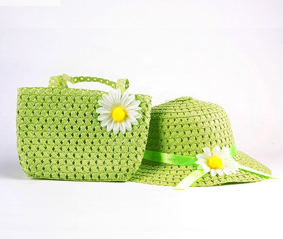 Style Sun Hat Girls Kids Straw Cap Beach Hats Bag Flower Tote Handbag Bags Suit J4U66