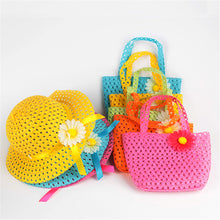 Style Sun Hat Girls Kids Straw Cap Beach Hats Bag Flower Tote Handbag Bags Suit J4U66