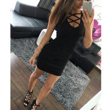 Woman Dress Vestidos Women's Bodycon V-neck Cross Sleeveless Dresses Lady Sexy Slim Mini Pink/Black Dress PY3 J4U66