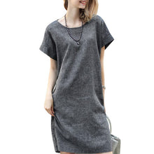 Women Casual Loose Cotton Linen Dress Short Sleeve Tunic Belt Dresses P16 J4U66