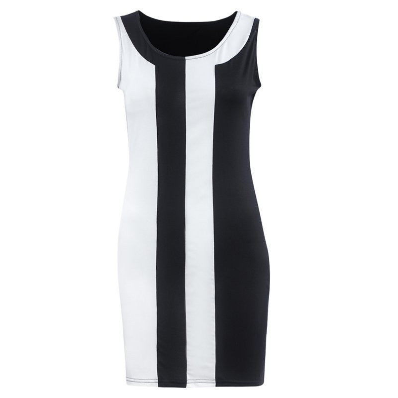 Women Dresses Fashion Black and White Striped Sexy Sleeveless Party Evening Mini Short Straight Dresses J4U66
