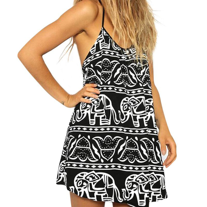 women ladies sleeveless beach dress elephant printed mini strap sundress J4U66