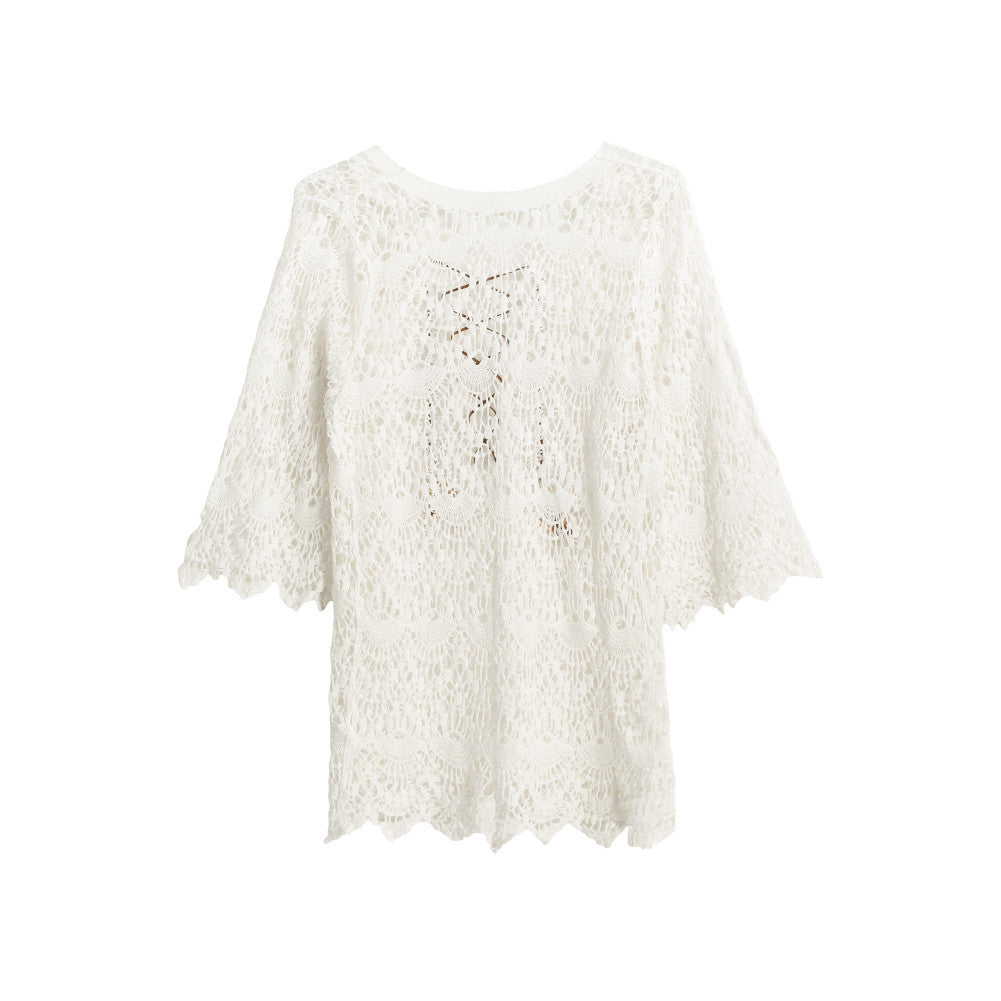 women loose blouses sexy lace crochet hollow out blusa feminina boho casual beach bikini cover up blouses shirt tops J4U66