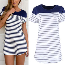 Women Mini Dress Blue Striped Pattern Sundress Party Beach Short Dress J4U66