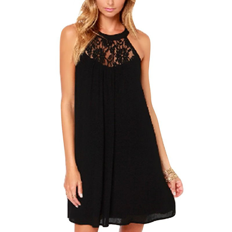 Women Sexy Lace Patchwork Chiffon Mini Sleeveless Dress Casual Loose Party Dresses Plus Size L4 J4U66