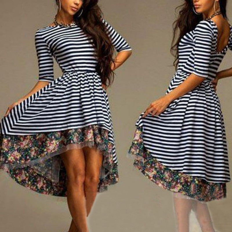 Women's Sexy Boho Slim Stripe Floral Asymmetrical Dress Half Sleeve Beach Casual Dresses J4U66