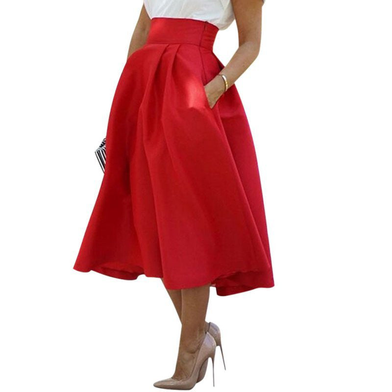 Women's Vintage High Waist Knee-Length Skirt Pleated Beach Skirt Flared  J4U66