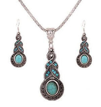 Tibetan Silver Turquoise Rhinestone Earring Dangle Pendant Necklace Set Trendy Women Vintage Jewelry J4U66