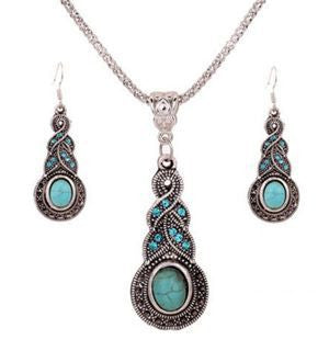Tibetan Silver Turquoise Rhinestone Earring Dangle Pendant Necklace Set Trendy Women Vintage Jewelry J4U66