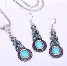 Tibetan Silver Turquoise Rhinestone Earring Dangle Pendant Necklace Set Trendy Women Vintage Jewelry J4U66