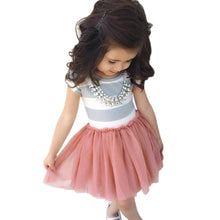 Toddler Baby 2-10Y Girls Short Sleeve Striped Tops Pleated Mini Dress Princess Dresses J4U66