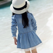 Toddler Kids Baby Girls Long Sleeve Denim Dress Lace Flower Hem Jeans One-piece Dresses  J4U66