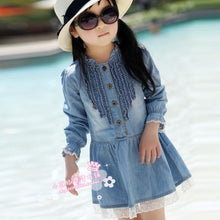 Toddler Kids Baby Girls Long Sleeve Denim Dress Lace Flower Hem Jeans One-piece Dresses  J4U66