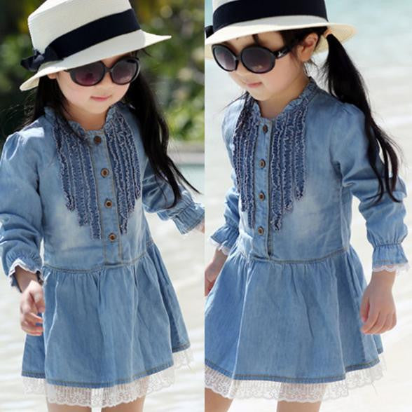 Toddler Kids Baby Girls Long Sleeve Denim Dress Lace Flower Hem Jeans One-piece Dresses  J4U66