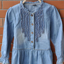 Toddler Kids Baby Girls Long Sleeve Denim Dress Lace Flower Hem Jeans One-piece Dresses  J4U66