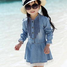 Toddler Kids Baby Girls Long Sleeve Denim Dress Lace Flower Hem Jeans One-piece Dresses  J4U66