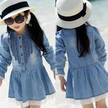 Toddler Kids Baby Girls Long Sleeve Denim Dress Lace Flower Hem Jeans One-piece Dresses  J4U66