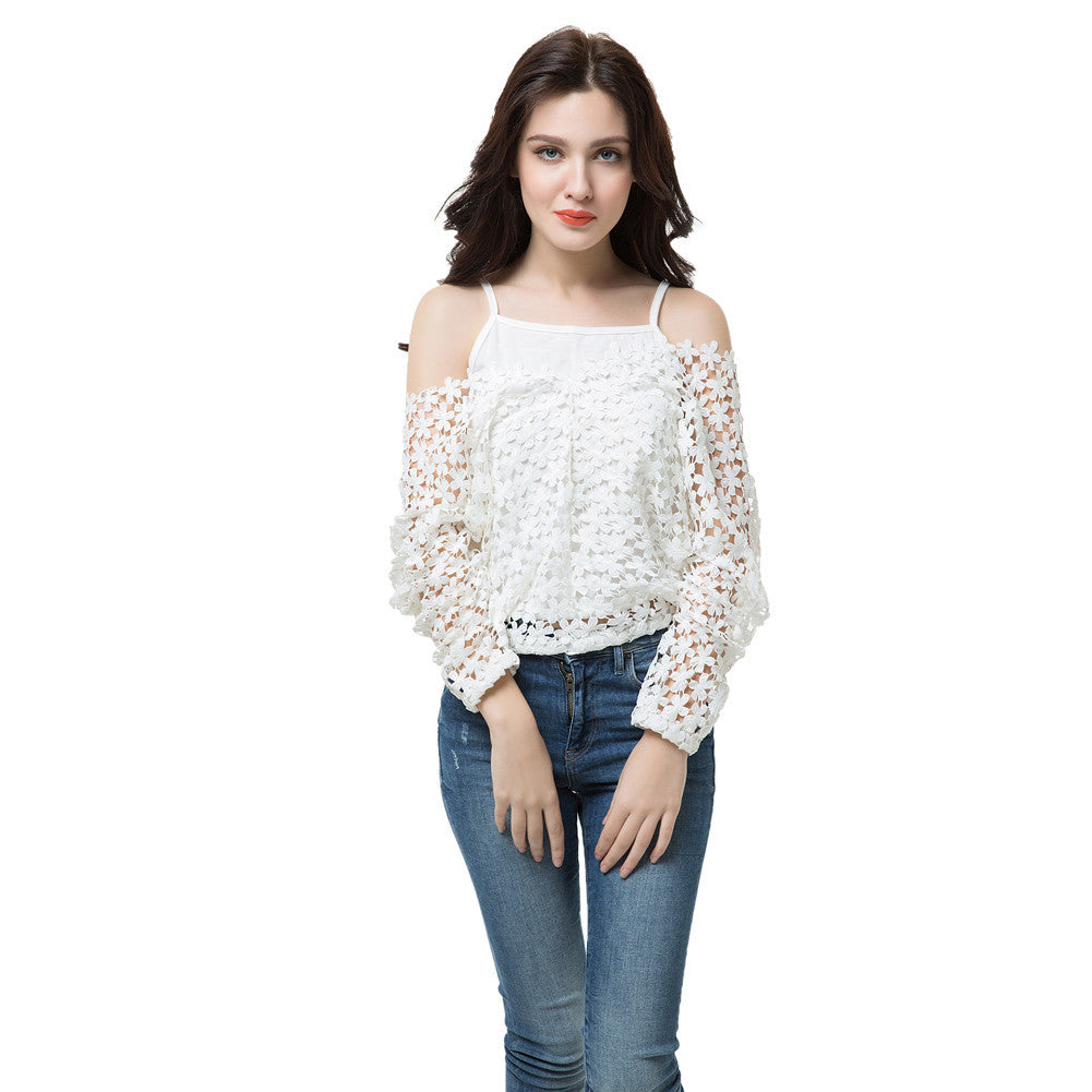 t-shirts women tops two piece vest crochet lace tee v neck long sleeve casual tops blusas plus size white J4U66