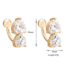 Two Hearts Button Navel Ring Reverse Crystal Zircon Bar Belly Ring Gold Body PiercingWomen Sexy Navel Barbell J4U66