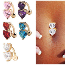 Two Hearts Button Navel Ring Reverse Crystal Zircon Bar Belly Ring Gold Body PiercingWomen Sexy Navel Barbell J4U66