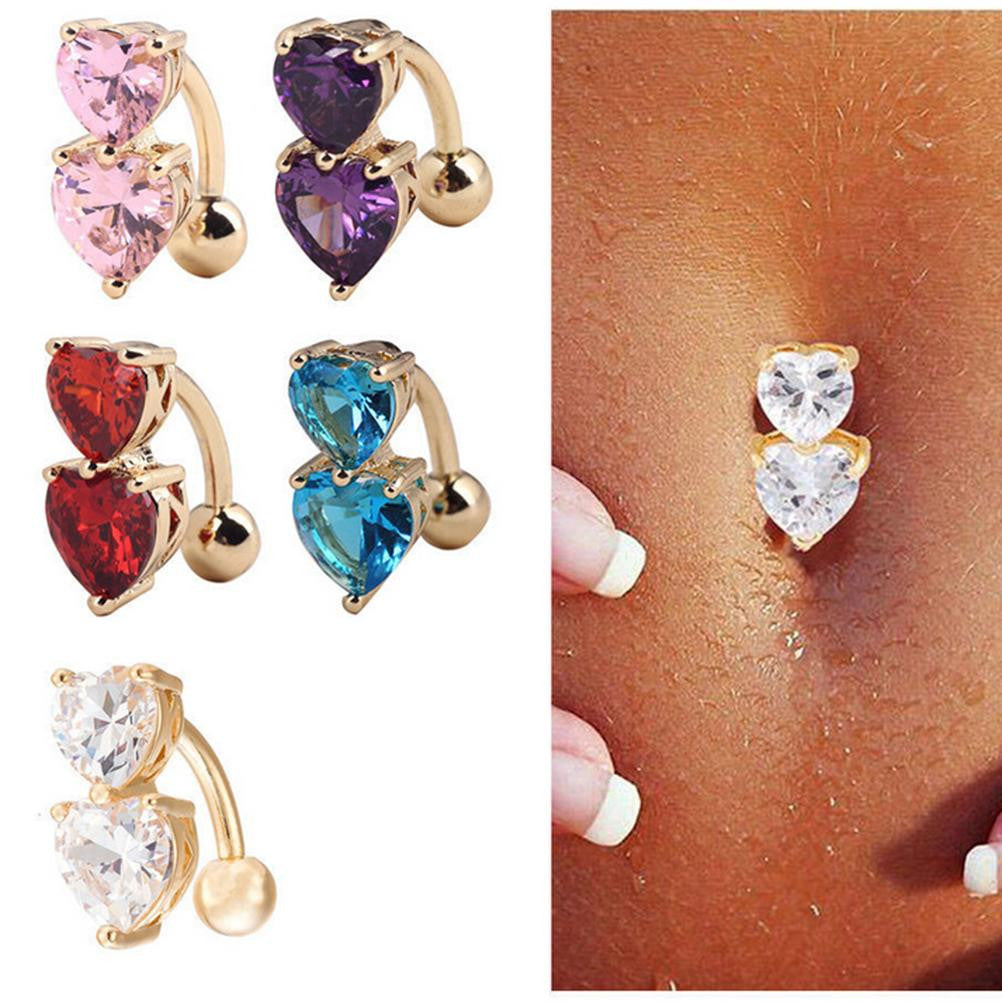 Two Hearts Button Navel Ring Reverse Crystal Zircon Bar Belly Ring Gold Body PiercingWomen Sexy Navel Barbell J4U66