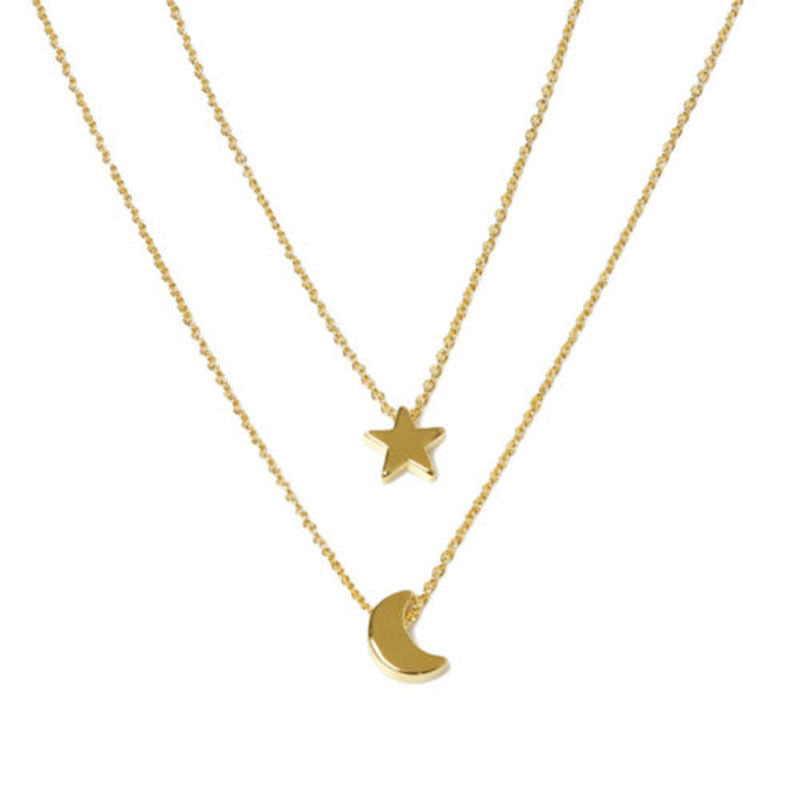 Two Layered Women Necklaces Chain Gold Silver Moon Star Pendent Women Statement Simple Moon Necklace J4U66
