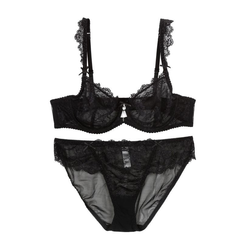 Underwear Women Bra and Panty Set Black Mesh Ultra-thin Plus Size Sexy Lingerie Transparent Lace Bra Set Push Up Brassiere J4U66