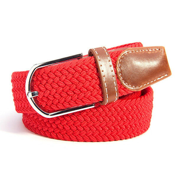 Unisex Canvas Woven Leather Pin Webbing Metal Buckle Elastic Waist Belt Men Waistband J4U66