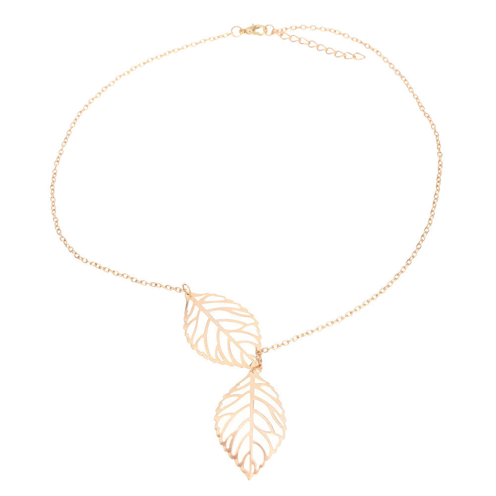 valentines gift simple hollow double leaf pendant necklace bohemian necklaces for women girls vintage jewelry J4U66