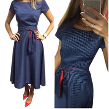 Vestidos women dress elegant Women Casual dress A-Line Polka Dot Short Sleeve O-Neck Ankle-Length Dress With belt  J4U66
