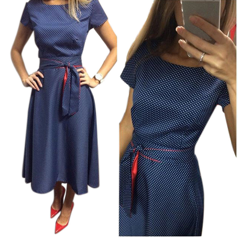Vestidos women dress elegant Women Casual dress A-Line Polka Dot Short Sleeve O-Neck Ankle-Length Dress With belt  J4U66