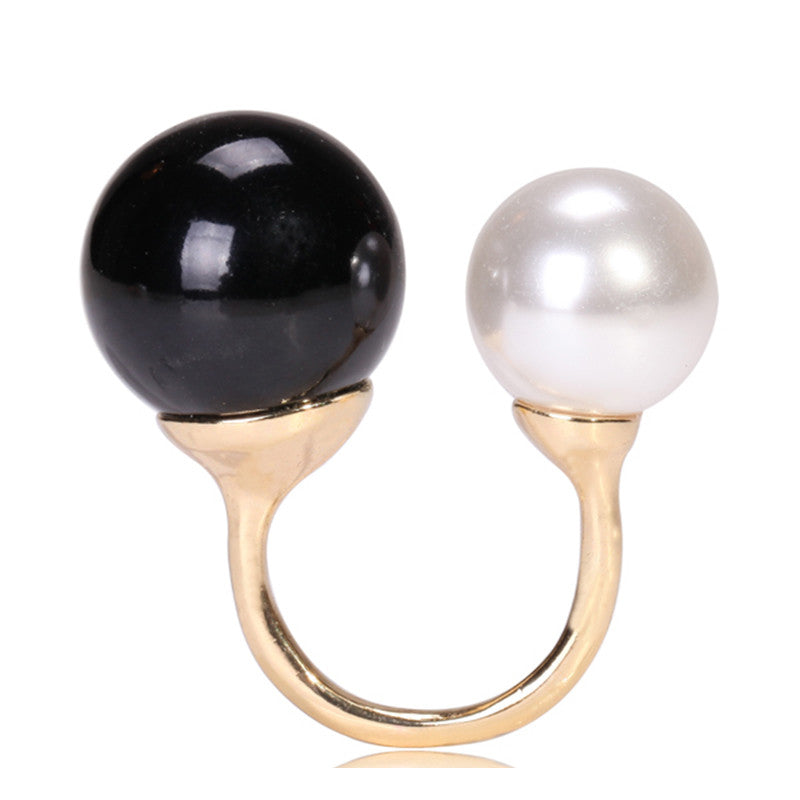 Vintage Finger Rings For Women Black White Jewelry Accessories Lady's Gifts  Double Big Pearl Rings J4U66