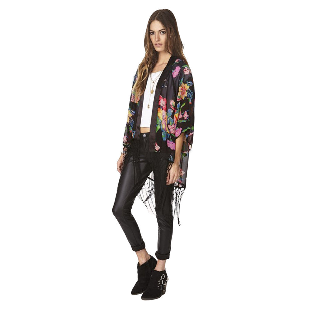 vintage women chiffon blouses kimono floral print tassels fringed loose sheer women cardigan thin outerwearcoat blusas black J4U66
