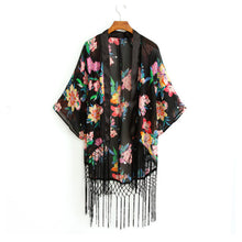 vintage women chiffon blouses kimono floral print tassels fringed loose sheer women cardigan thin outerwearcoat blusas black J4U66