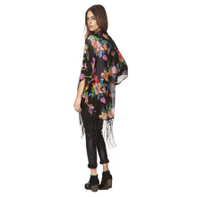 vintage women chiffon blouses kimono floral print tassels fringed loose sheer women cardigan thin outerwearcoat blusas black J4U66