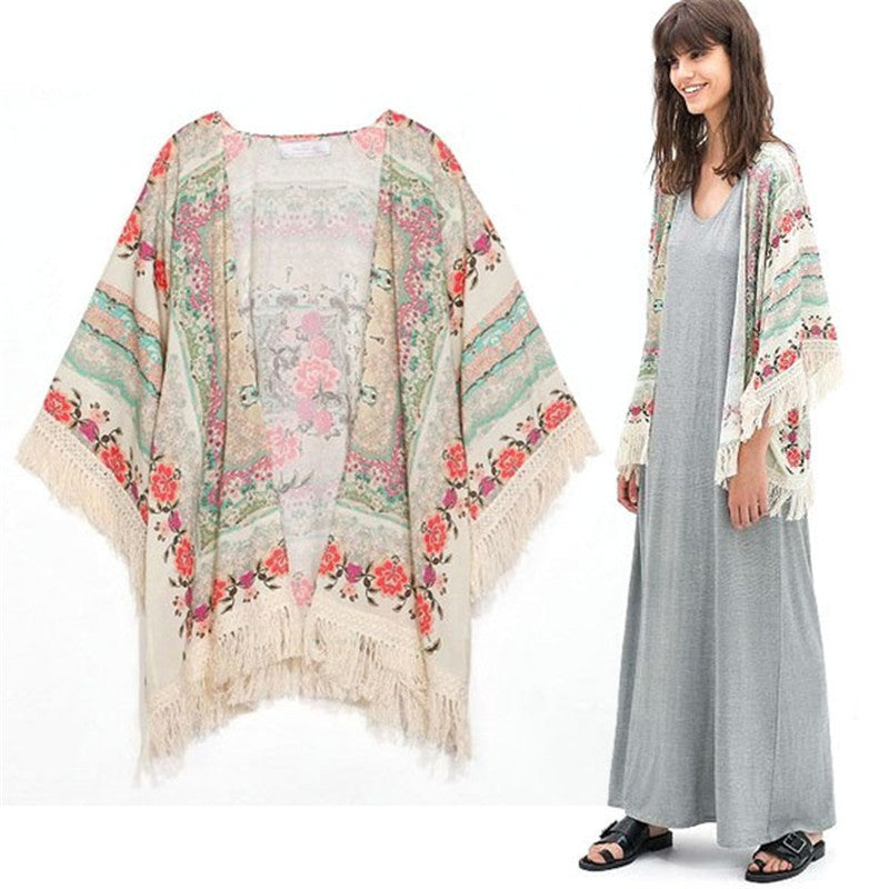vintage women flower print tassel chiffon coat tops kimono shawl wrap cover up cardigans J4U66