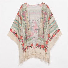 vintage women flower print tassel chiffon coat tops kimono shawl wrap cover up cardigans J4U66