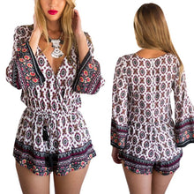 vintage women sexy v neck floral print playsuit retro long sleeve party jumpsuit romper J4U66