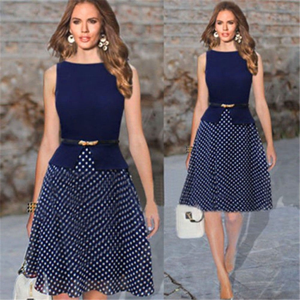 Vogue Women Sleeveless Chiffon Dress with Belt Slim Polka Dot Crew Neck Party Dresses New  J4U66