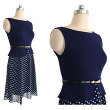 Vogue Women Sleeveless Chiffon Dress with Belt Slim Polka Dot Crew Neck Party Dresses New  J4U66