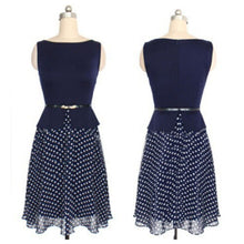Vogue Women Sleeveless Chiffon Dress with Belt Slim Polka Dot Crew Neck Party Dresses New  J4U66